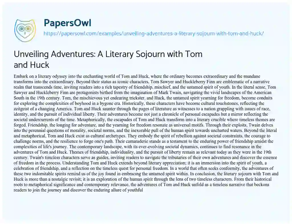 Essay on Unveiling Adventures: a Literary Sojourn with Tom and Huck