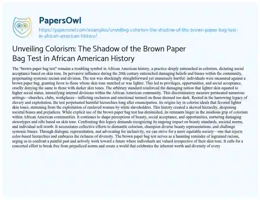 Essay on Unveiling Colorism: the Shadow of the Brown Paper Bag Test in African American History