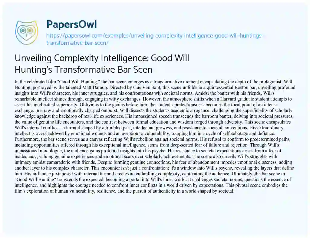 Essay on Unveiling Complexity Intelligence: Good Will Hunting’s Transformative Bar Scen