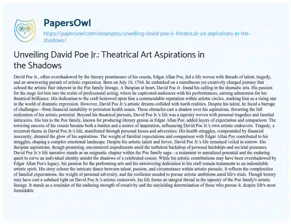 Essay on Unveiling David Poe Jr.: Theatrical Art Aspirations in the Shadows