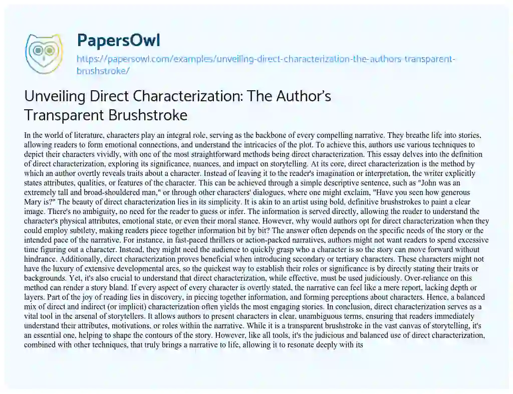 Essay on Unveiling Direct Characterization: the Author’s Transparent Brushstroke