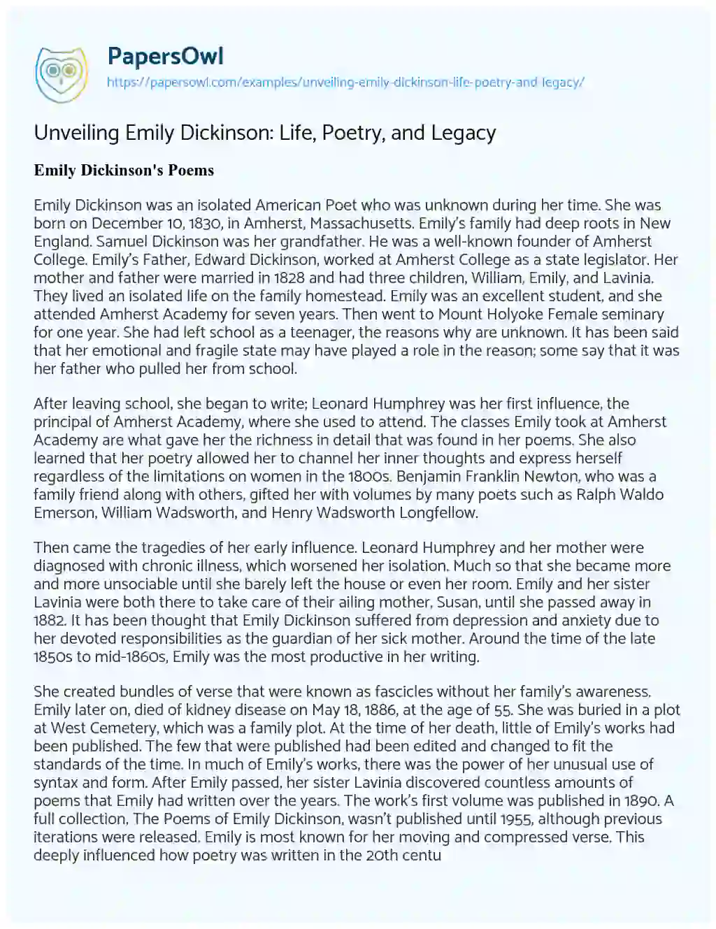 Essay on Unveiling Emily Dickinson: Life, Poetry, and Legacy