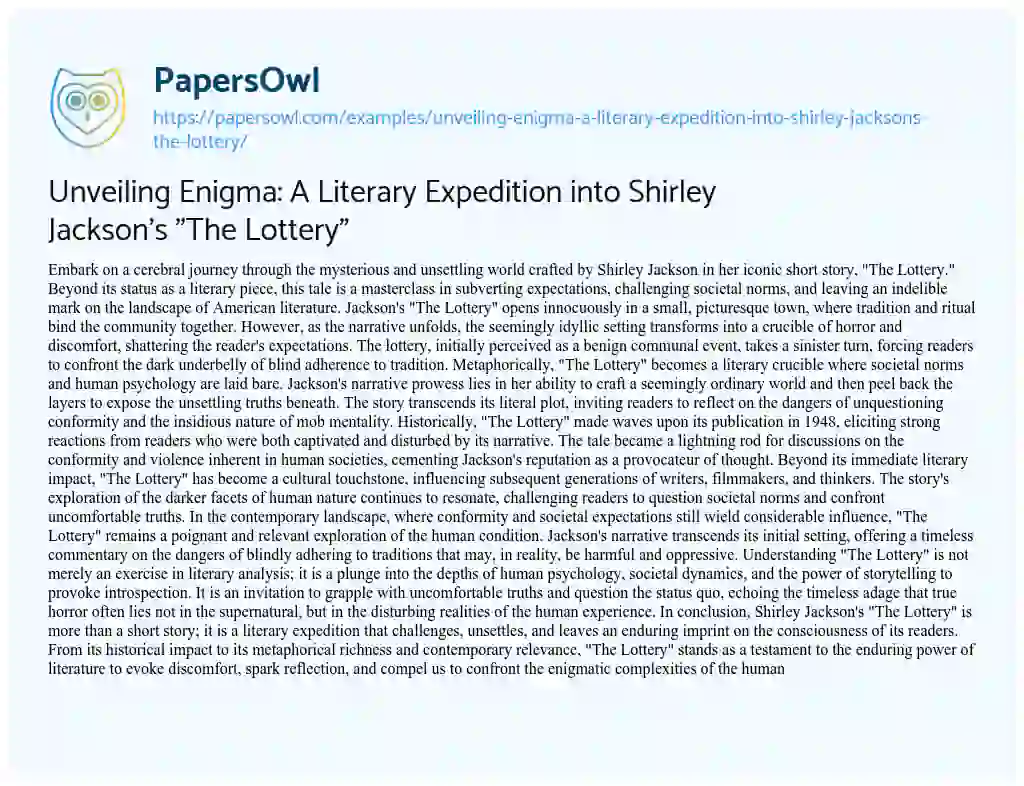 Essay on Unveiling Enigma: a Literary Expedition into Shirley Jackson’s “The Lottery”