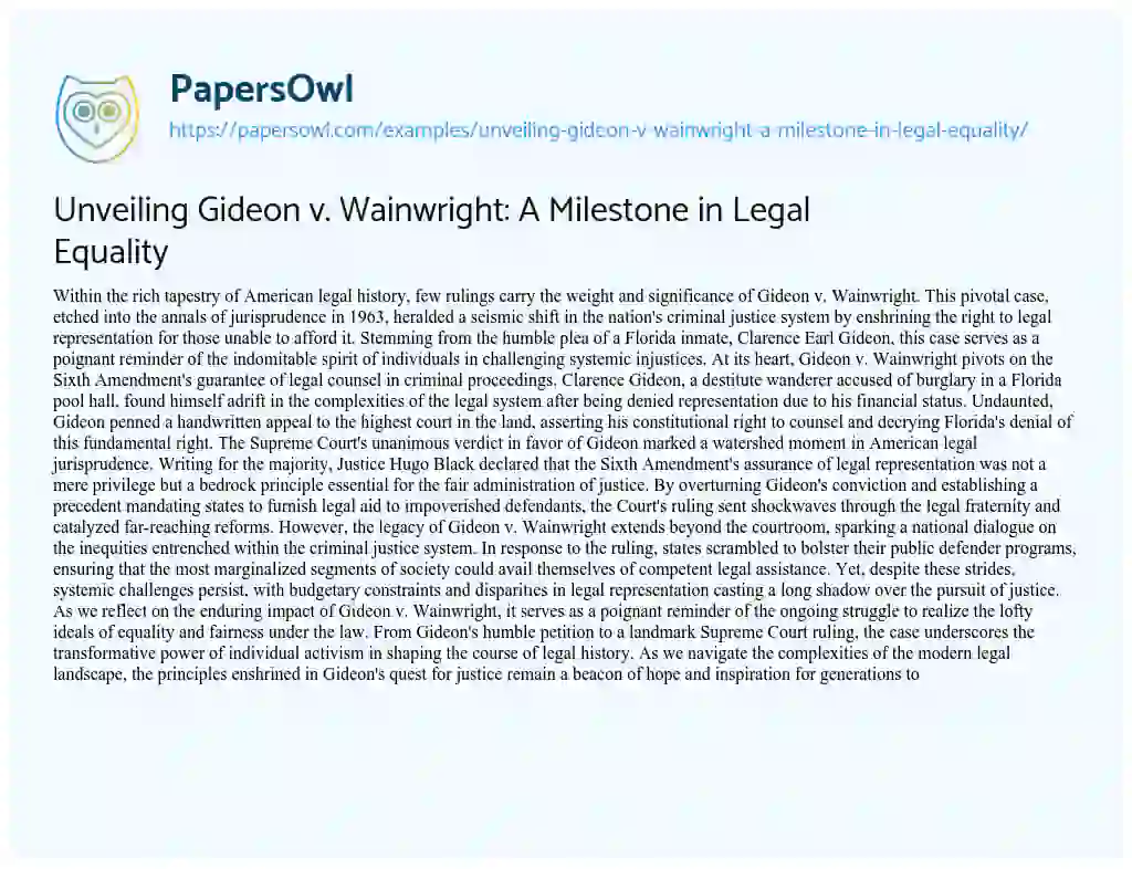 Essay on Unveiling Gideon V. Wainwright: a Milestone in Legal Equality