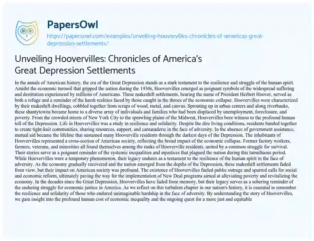 Essay on Unveiling Hoovervilles: Chronicles of America’s Great Depression Settlements