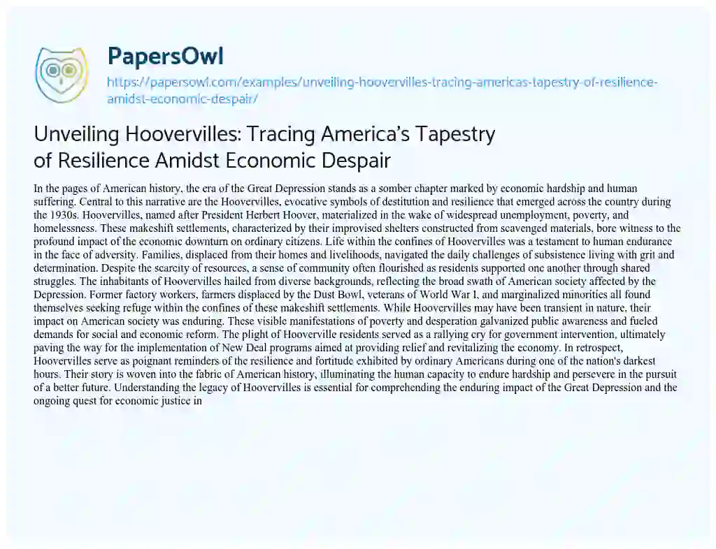 Essay on Unveiling Hoovervilles: Tracing America’s Tapestry of Resilience Amidst Economic Despair