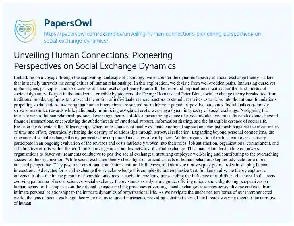 Essay on Unveiling Human Connections: Pioneering Perspectives on Social Exchange Dynamics