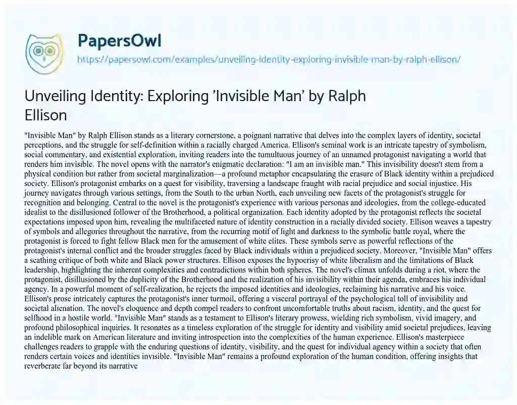 Essay on Unveiling Identity: Exploring ‘Invisible Man’ by Ralph Ellison