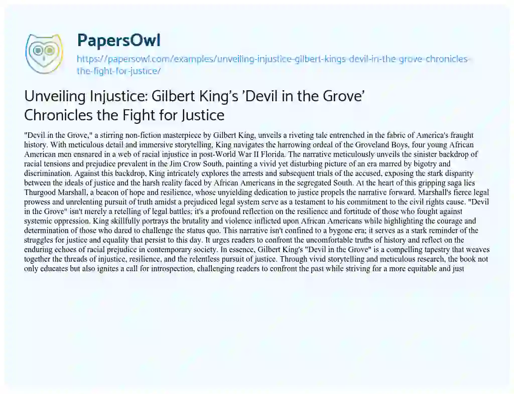 Essay on Unveiling Injustice: Gilbert King’s ‘Devil in the Grove’ Chronicles the Fight for Justice