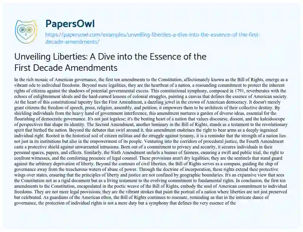 Essay on Unveiling Liberties: a Dive into the Essence of the First Decade Amendments