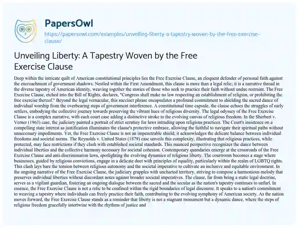 Essay on Unveiling Liberty: a Tapestry Woven by the Free Exercise Clause