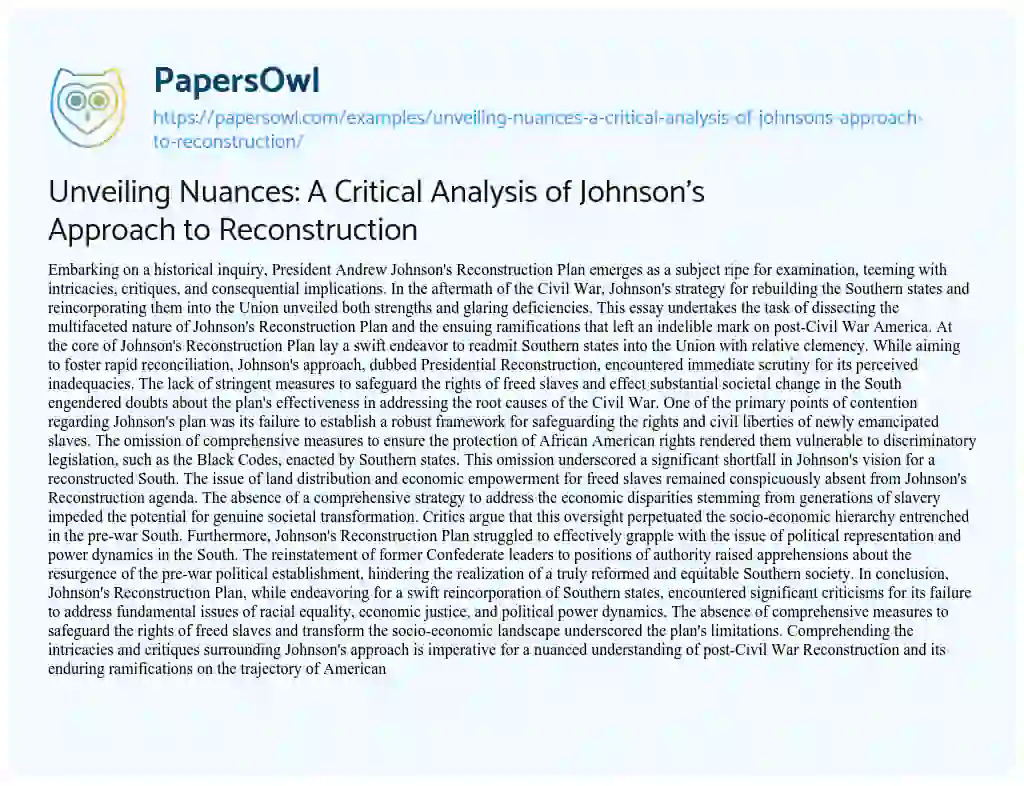 Essay on Unveiling Nuances: a Critical Analysis of Johnson’s Approach to Reconstruction
