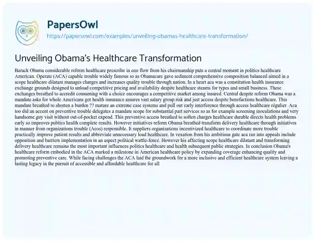 Essay on Unveiling Obama’s Healthcare Transformation