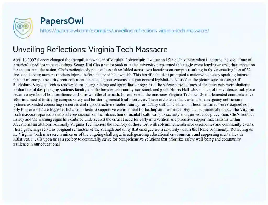 Essay on Unveiling Reflections: Virginia Tech Massacre