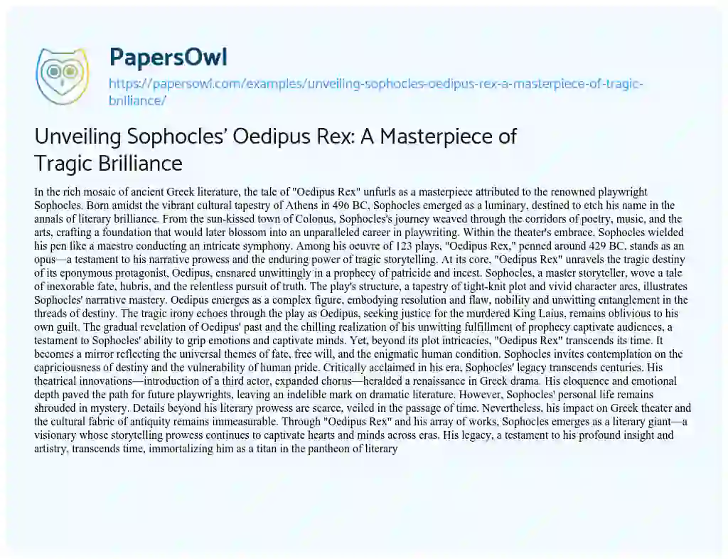 Essay on Unveiling Sophocles’ Oedipus Rex: a Masterpiece of Tragic Brilliance