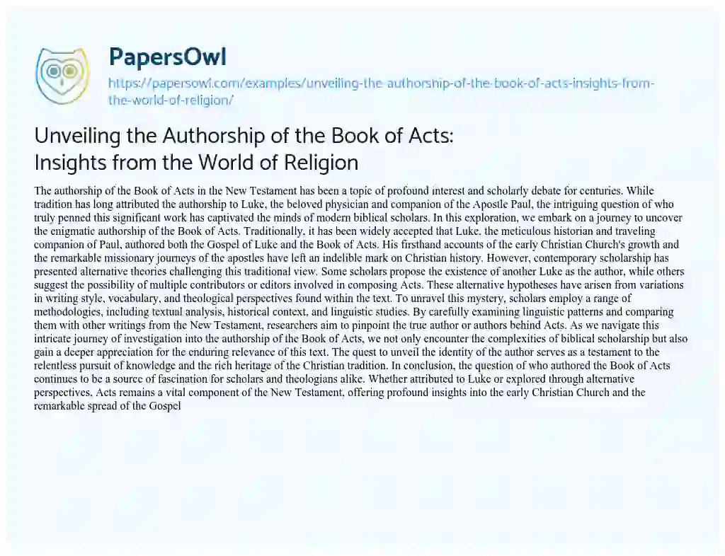 Essay on Unveiling the Authorship of the Book of Acts: Insights from the World of Religion