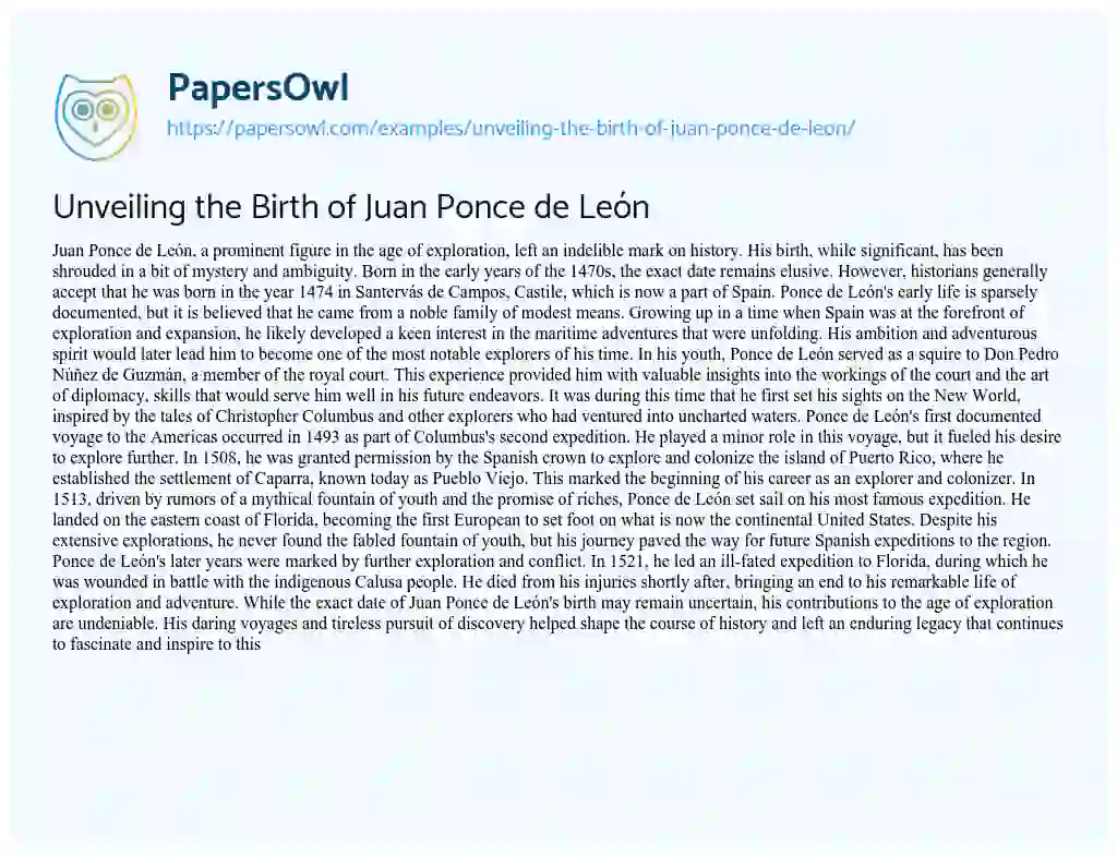 Essay on Unveiling the Birth of Juan Ponce De León