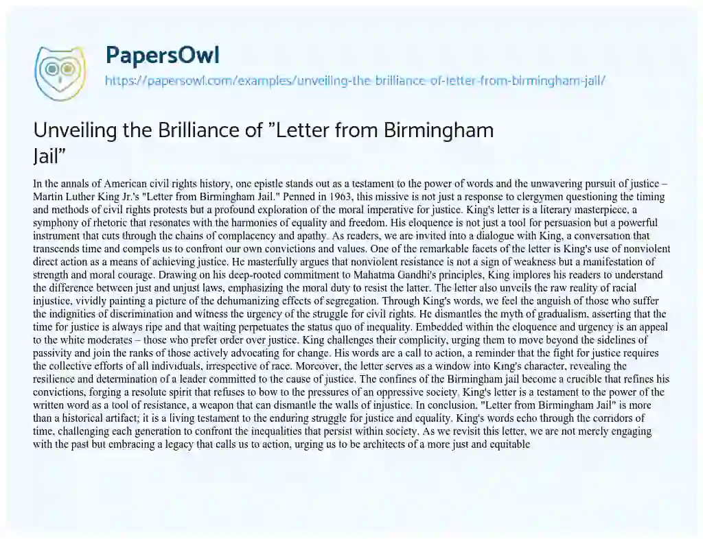 Essay on Unveiling the Brilliance of “Letter from Birmingham Jail”