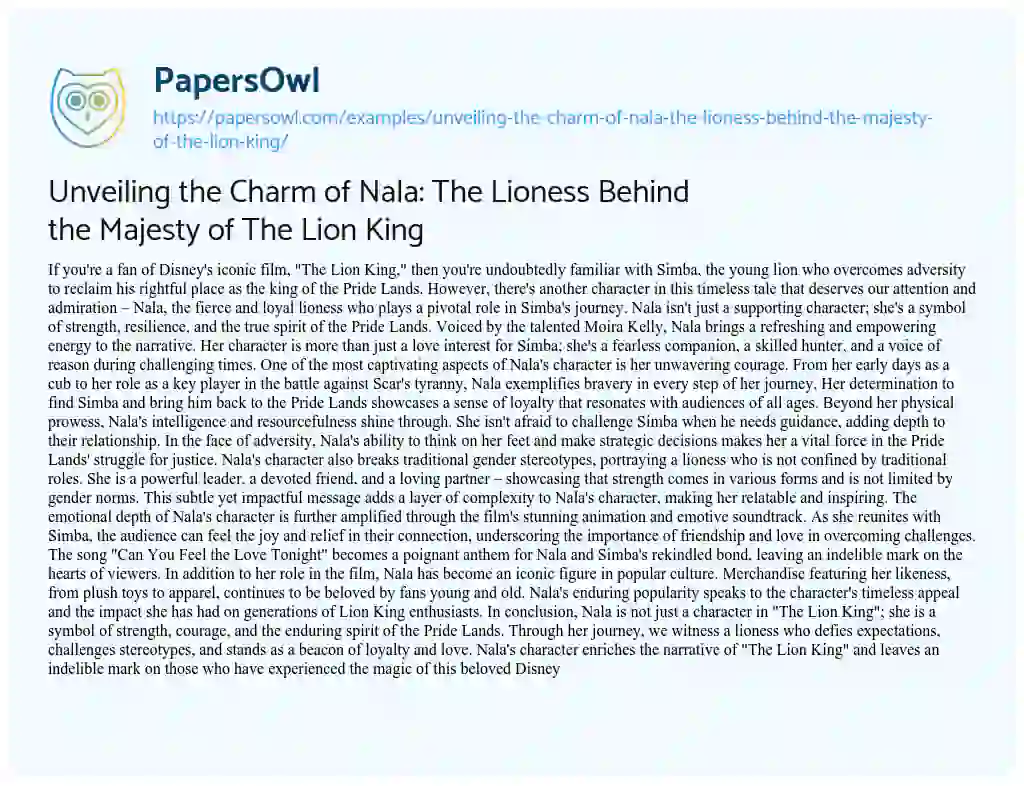 Essay on Unveiling the Charm of Nala: the Lioness Behind the Majesty of the Lion King