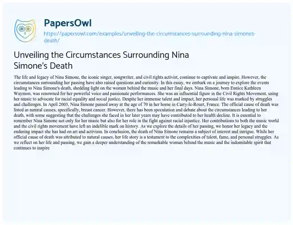 Essay on Unveiling the Circumstances Surrounding Nina Simone’s Death