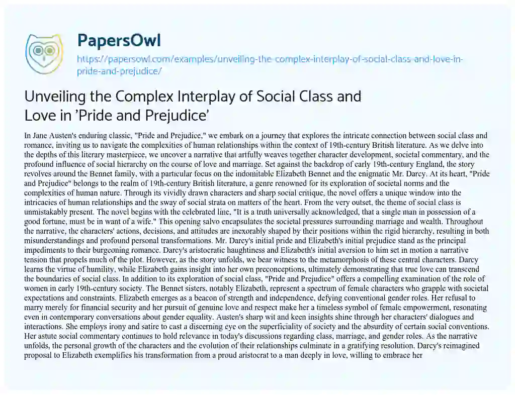 Essay on Unveiling the Complex Interplay of Social Class and Love in ‘Pride and Prejudice’