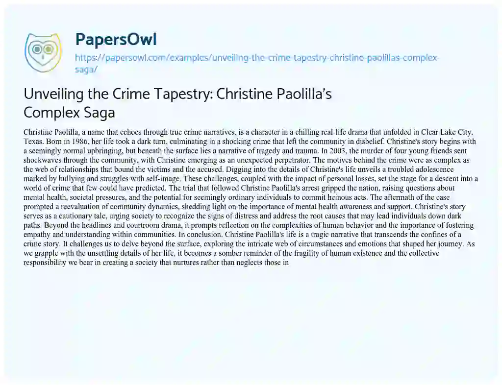Essay on Unveiling the Crime Tapestry: Christine Paolilla’s Complex Saga