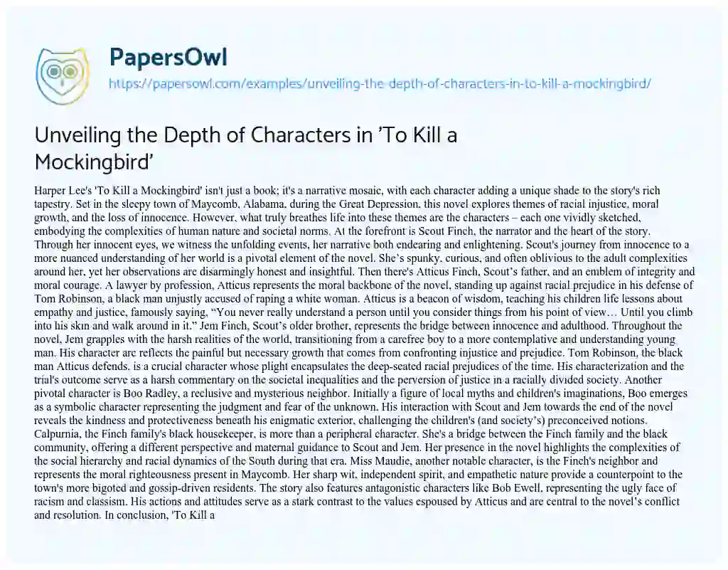 Essay on Unveiling the Depth of Characters in ‘To Kill a Mockingbird’