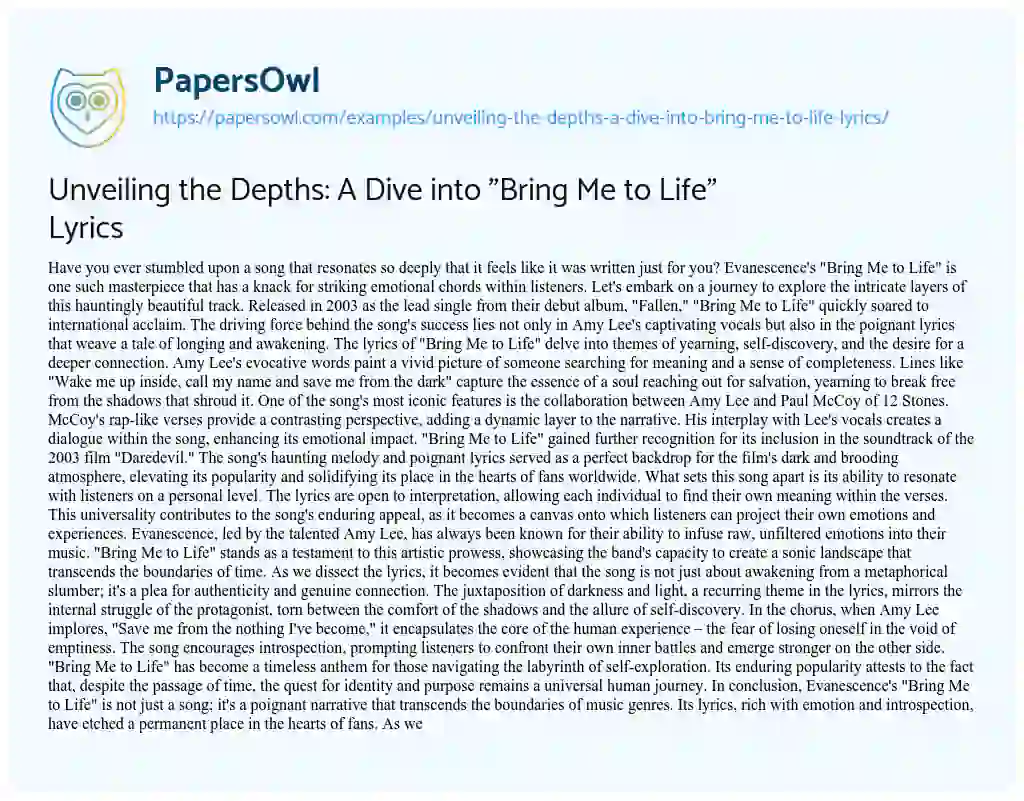 Essay on Unveiling the Depths: a Dive into “Bring me to Life” Lyrics