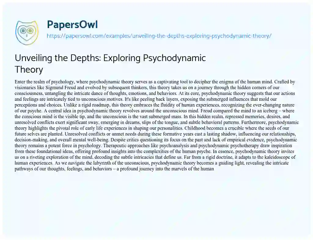 Essay on Unveiling the Depths: Exploring Psychodynamic Theory