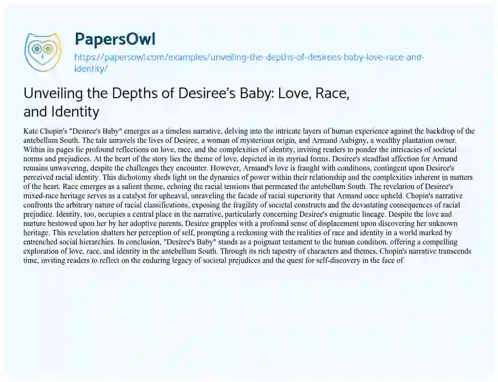 Essay on Unveiling the Depths of Desiree’s Baby: Love, Race, and Identity