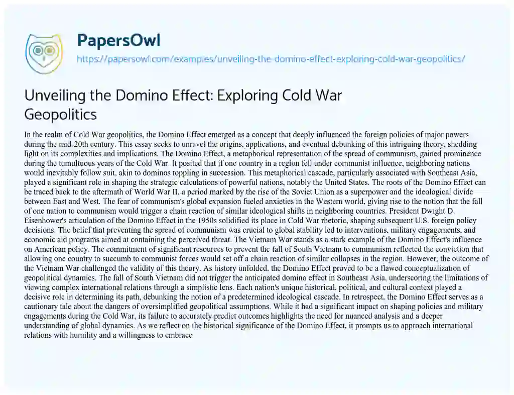 Essay on Unveiling the Domino Effect: Exploring Cold War Geopolitics