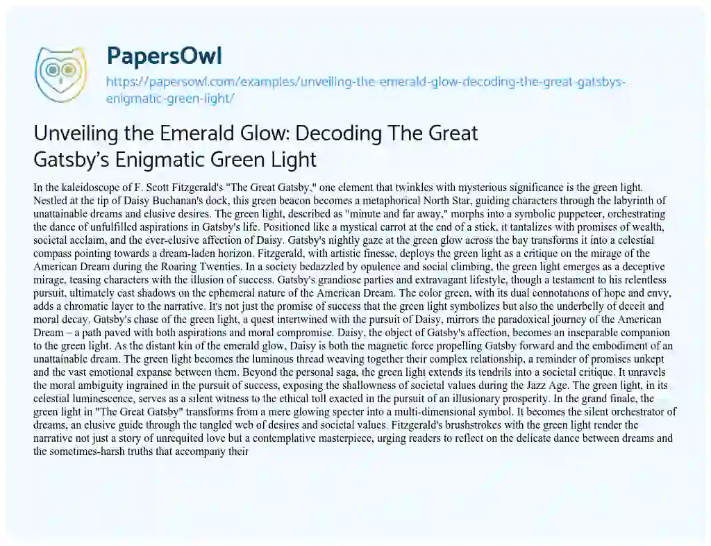 Essay on Unveiling the Emerald Glow: Decoding the Great Gatsby’s Enigmatic Green Light