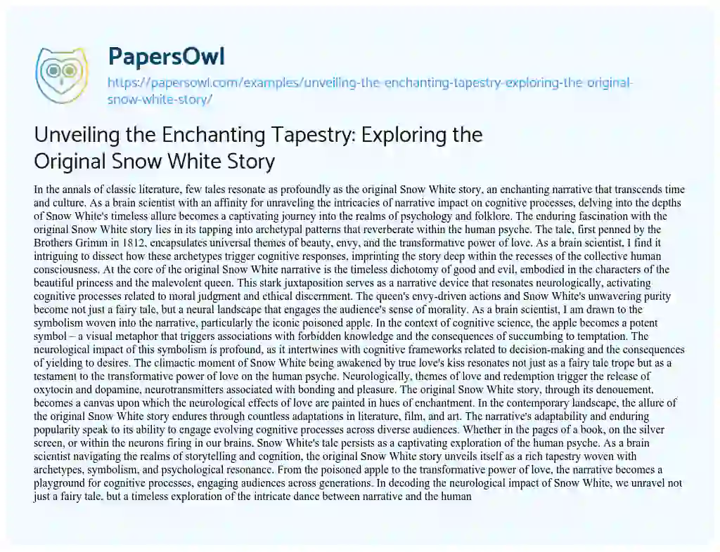 Essay on Unveiling the Enchanting Tapestry: Exploring the Original Snow White Story