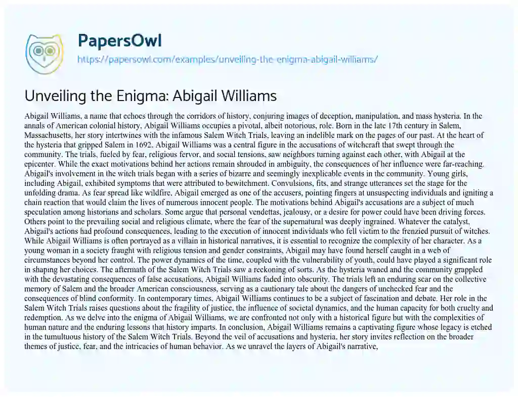 Essay on Unveiling the Enigma: Abigail Williams