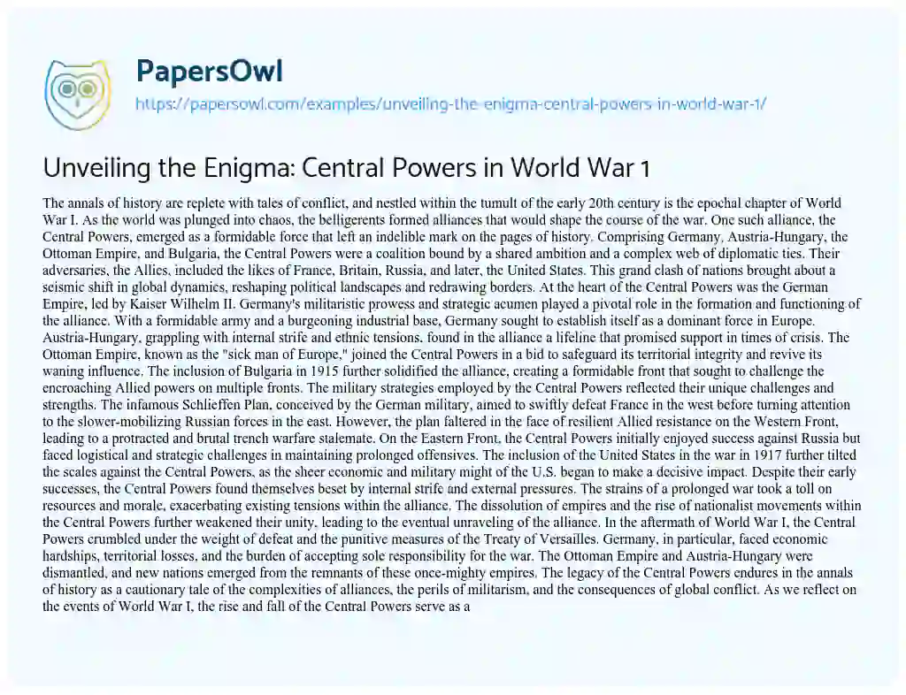 Essay on Unveiling the Enigma: Central Powers in World War 1