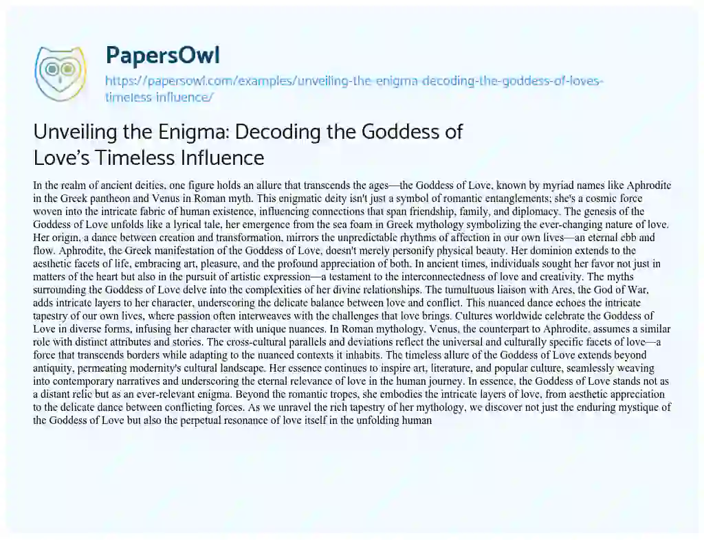 Essay on Unveiling the Enigma: Decoding the Goddess of Love’s Timeless Influence