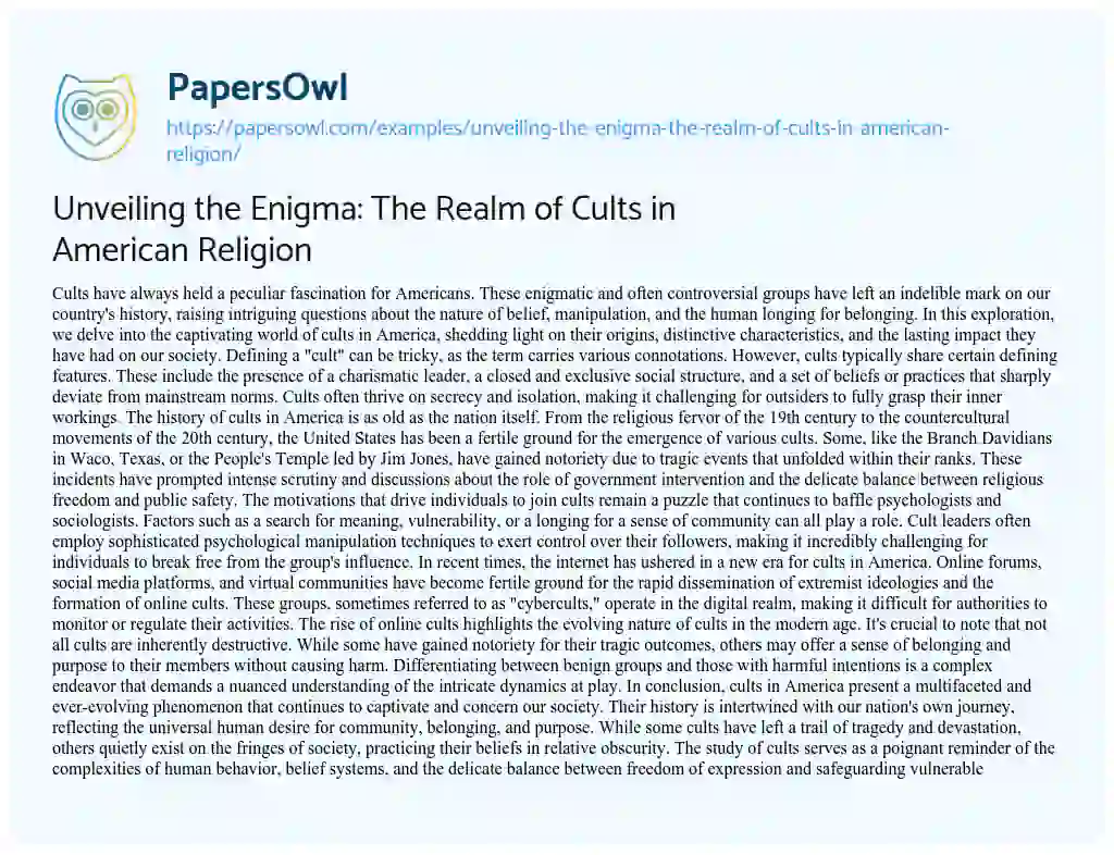 Essay on Unveiling the Enigma: the Realm of Cults in American Religion