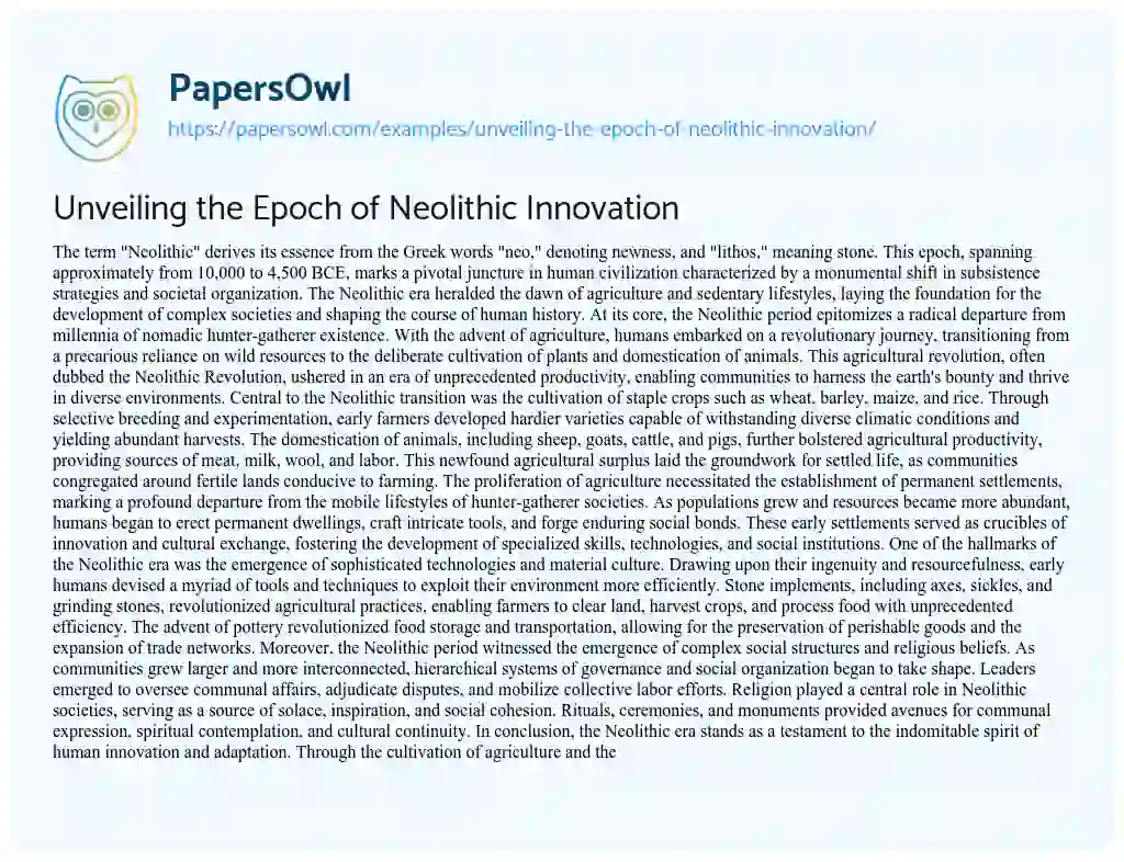Essay on Unveiling the Epoch of Neolithic Innovation