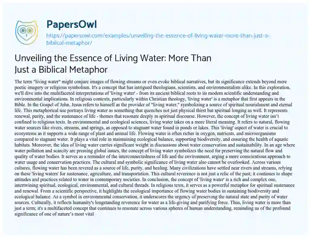 Essay on Unveiling the Essence of Living Water: more than Just a Biblical Metaphor