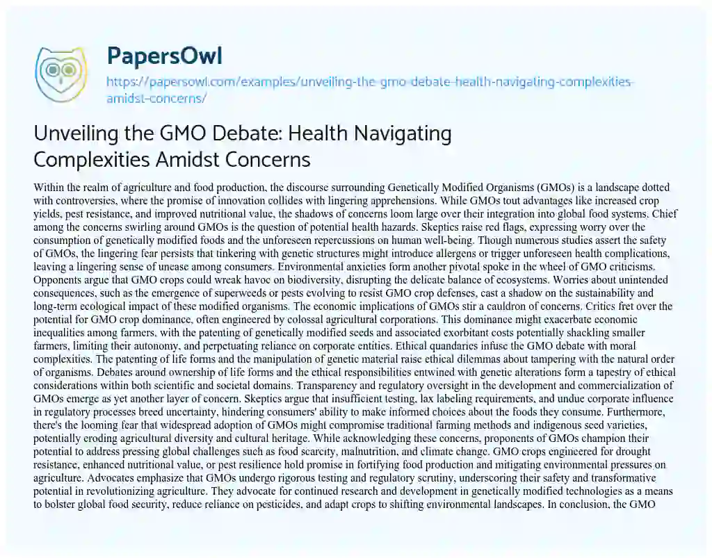 Essay on Unveiling the GMO Debate: Health Navigating Complexities Amidst Concerns