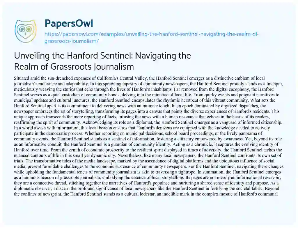 Essay on Unveiling the Hanford Sentinel: Navigating the Realm of Grassroots Journalism