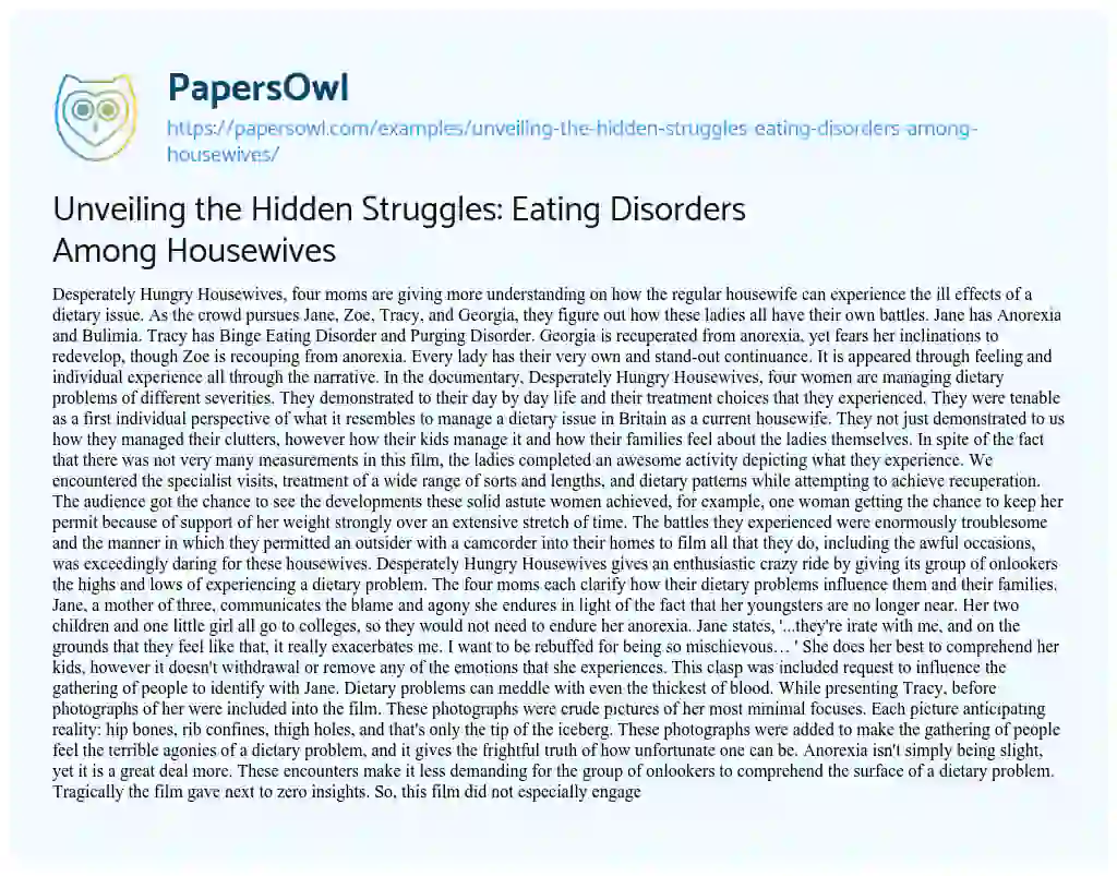 Essay on Unveiling the Hidden Struggles: Eating Disorders Among Housewives