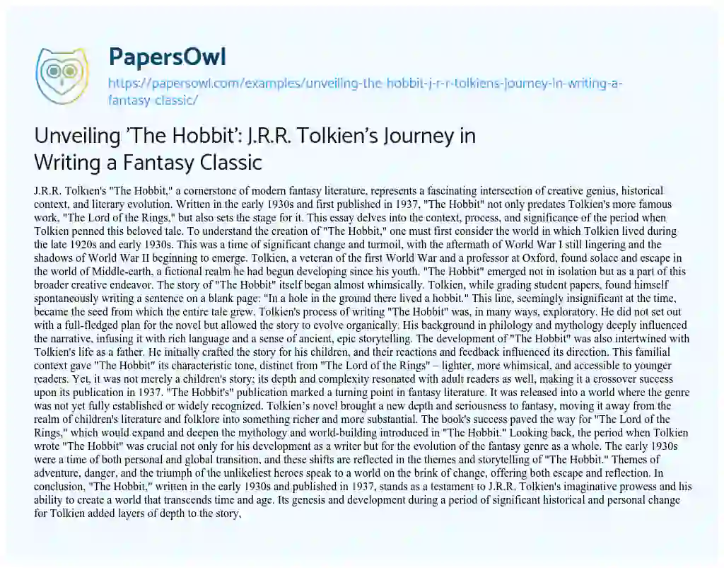 Essay on Unveiling ‘The Hobbit’: J.R.R. Tolkien’s Journey in Writing a Fantasy Classic