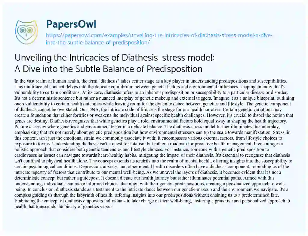 Essay on Unveiling the Intricacies of Diathesis–stress Model: a Dive into the Subtle Balance of Predisposition