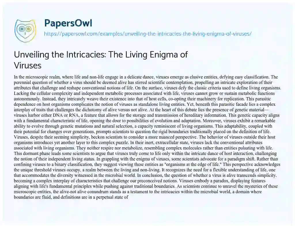 Essay on Unveiling the Intricacies: the Living Enigma of Viruses