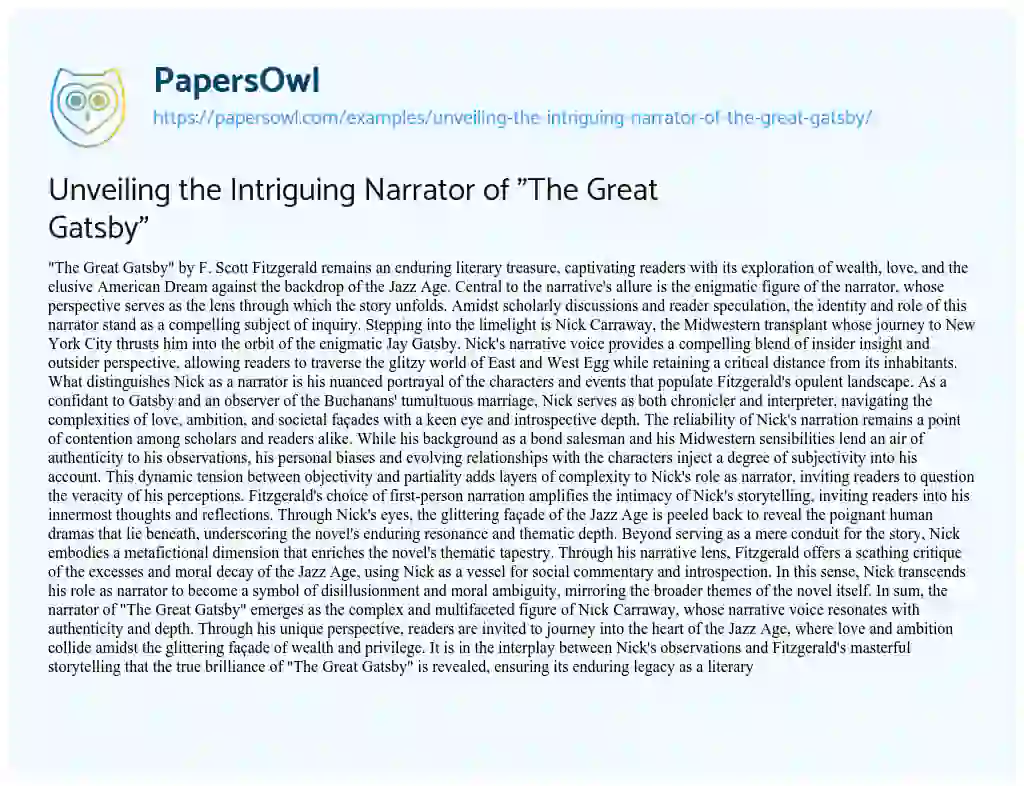 Essay on Unveiling the Intriguing Narrator of “The Great Gatsby”