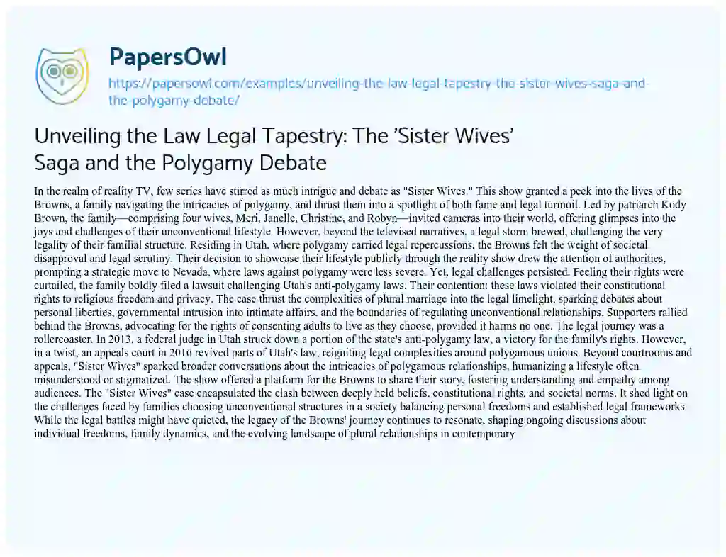 Essay on Unveiling the Law Legal Tapestry: the ‘Sister Wives’ Saga and the Polygamy Debate