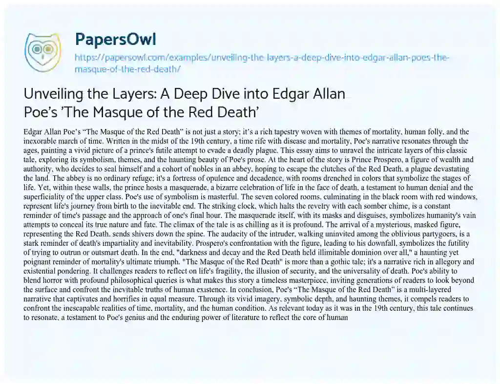 Essay on Unveiling the Layers: a Deep Dive into Edgar Allan Poe’s ‘The Masque of the Red Death’