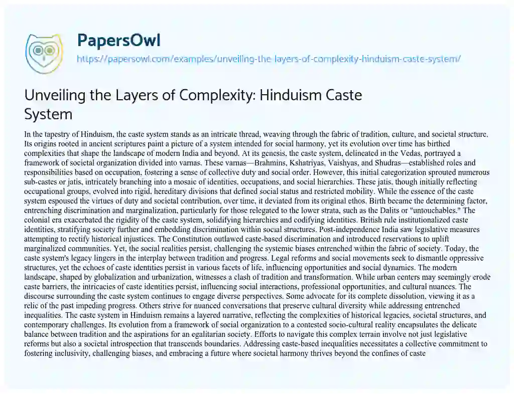 Essay on Unveiling the Layers of Complexity: Hinduism Caste System