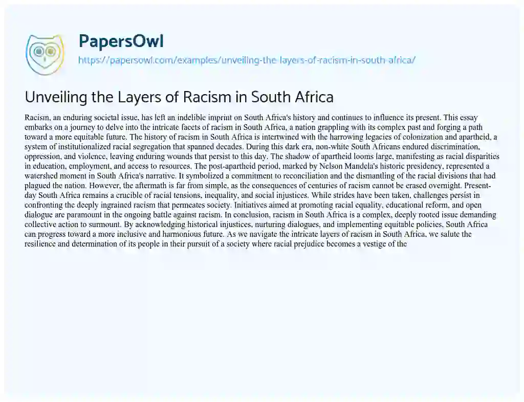 Essay on Unveiling the Layers of Racism in South Africa